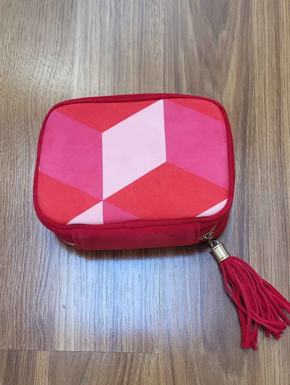 Sisley Red and Pink Geometric Cosmetic Pouch with Tassel